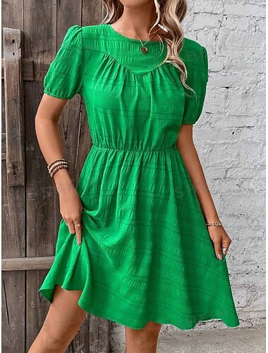  Robe Mini Femme Robe A Ligne Robe Évasée Robe Basique Décontractée Vacances Quotidienne Ajustement Régulier Graphique Manches Courtes Col Rond Vert Été