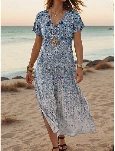  Damen Maxikleid Freizeitkleid A Linie Kleid Stilvoll Lässig Urlaub Täglich Normale Passform Blumen Kurzarm V Ausschnitt Weiß Orange Grün Grau Sommer Frühling