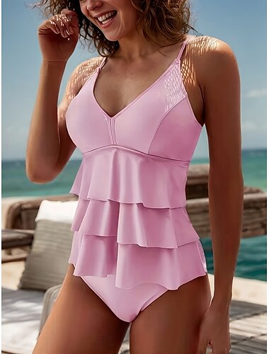  Damen Badeanzug Tankini Cheeky-Bikinihose Bademode Rüsche Rückenfrei Bauchkontrolle Hohe Taillenlinie Schlank Urlaub Strandbekleidung Feste Farbe V Ausschnitt Ärmellos Badeanzüge
