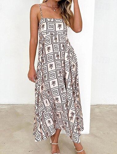  Femme robe longue Robe casual Robe Maxi Robe d'été Robe à enfiler mode Décontractées Vacances du quotidien Rendez-vous Standard Géométrique Sans Manches A Bretelles bleu marine Kaki Abricot Et