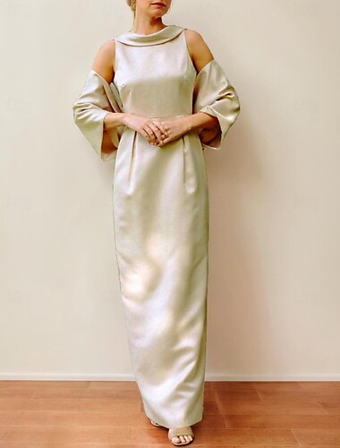  Eng anliegend Brautmutterkleid Formal kleid hochzeitsgast Elegant Vintage Einfach Quadratischer Ausschnitt Schmuck Boden-Länge Satin Ärmellos Jackenkleider mit Schleife(n) Plissee Einheitliche Farbe