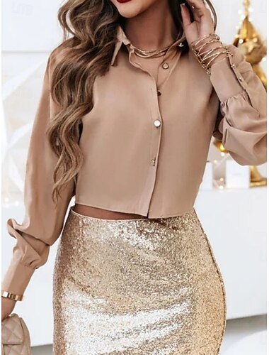  Damen Hemd Bluse Feste Farbe Stilvoll Brautkleider schlicht Langarm Hemdkragen Normale Oberteile Täglich Knopf Blau Khaki Sommer Frühling