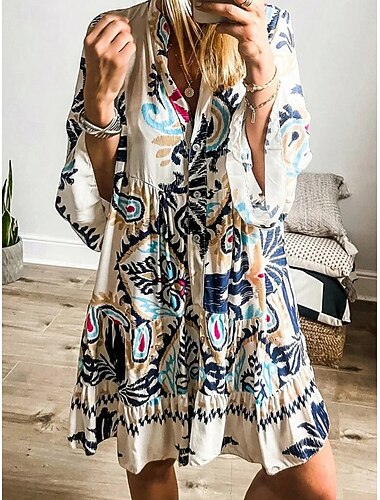  Naisten Mini mekko Rento mekko Boho-mekko Böömi Vintage Etninen Loma Päivittäin Normaali Kukka Pitkähihainen V kaula-aukko Sininen Kesä Kevät