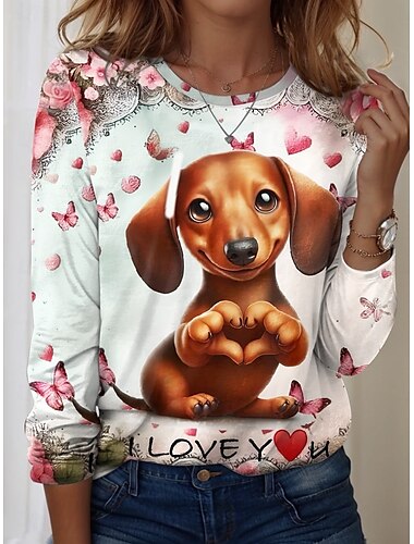  Femmes T-shirt Fleuri ancien Mode Mignon manche longue Col ras du cou Hauts Réguliers Quotidien Week-end Tenues mignonnes Imprimé Perle Été Printemps