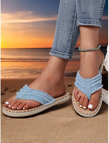  blaue Flip-Flops mit ausgefransten Riemen für Damen – bequeme, lässige Strandsandalen mit Espadrille-Sohle – perfekt für den Sommerurlaub