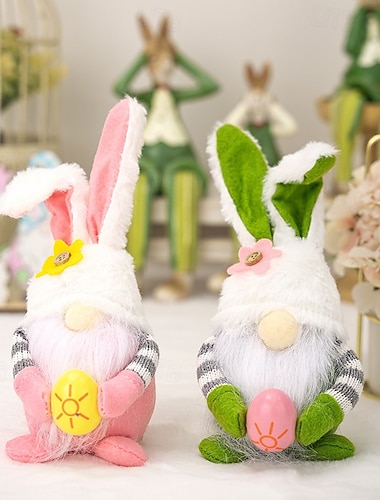  2er-Pack Osterdekorationen: Rosa Ohren, karierte Hasen-, Gnome- und Elfenfiguren für die Osterfeiertage, als Frühlingsdekoration für das Regal oder als niedliche Figuren für das Wohnzimmer.