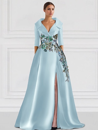  Vestido de noche azul con flores, corte A, bordado, elegante, vestido formal para boda, largo hasta el suelo, manga corta, cuello camisero, satén, con abertura, 2025