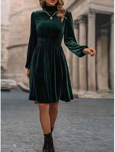  Damen Mini Kleid Korsett Kleid A-Linie Kleid Arbeitskleider Elegant Cocktail Urlaub Arbeit Täglich Reguläre Passform Schlicht Langarm Stehkragen Schwarz Wein Grün Sommer