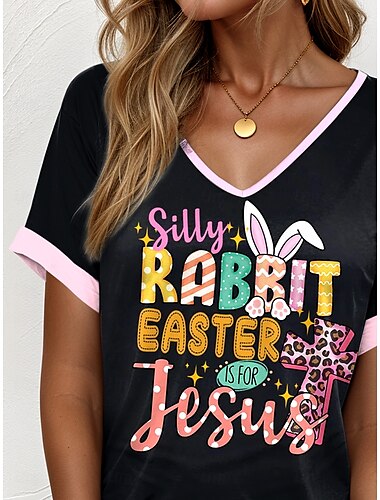  Ostern Damen T Shirt Blumen Graphic Buchstabe Elegant Vintage Brautkleider schlicht Kurzarm V Ausschnitt Normale Oberteile Täglich Wochenende Urlaubskleidung Bedruckt Schwarz Sommer