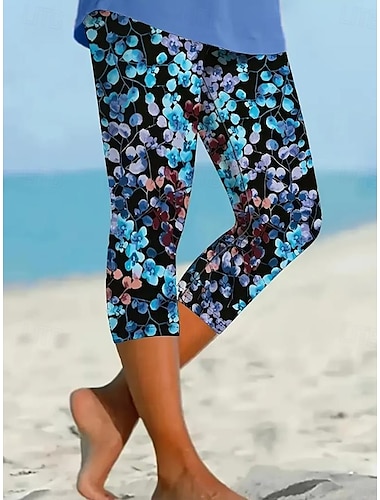 Leggings pour femmes Pantalons Capri Haute élasticité Vacances Mode Hawaïenne Longueur cheville Taille mi-haute Impression florale Thermique Chaud Respirant Doux Vacances Décontracté Quotidien Noir