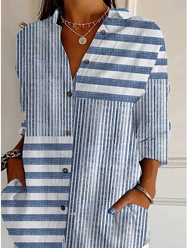 Damen Shirt grafisch geometrisch gestreift täglich stilvoll retro vintage langärmliges Hemd Kragen reguläre Tops täglich Urlaub Ausgehen Knöpfe hellblau Sommer Frühling
