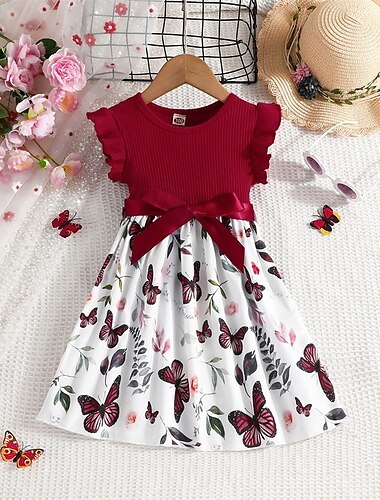  Barn Flickor Klänning Blommig klänning Blomma Ärmlös Utomhus Ledigt Volang Mode Dagligen Polyester Knälång Vardagsklänning A linjeklänning Sommar 4 år + Rodnande Rosa Rubinrött Purpur