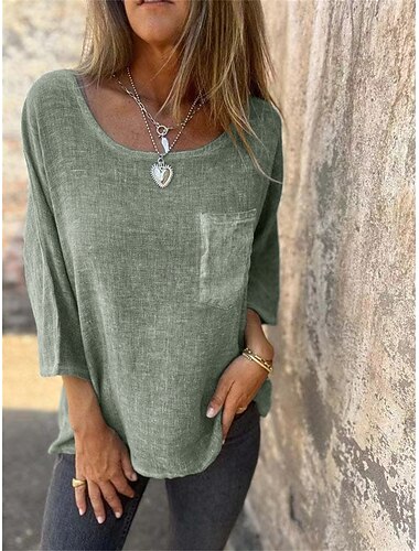  Damen T Shirt Baumwoll-Leinen-Hemden Einfach Mode Modern Lässig Dreiviertelarm Rundhalsausschnitt Normale Oberteile Täglich Wochenende Tasche Grün Khaki Beige Frühling Herbst