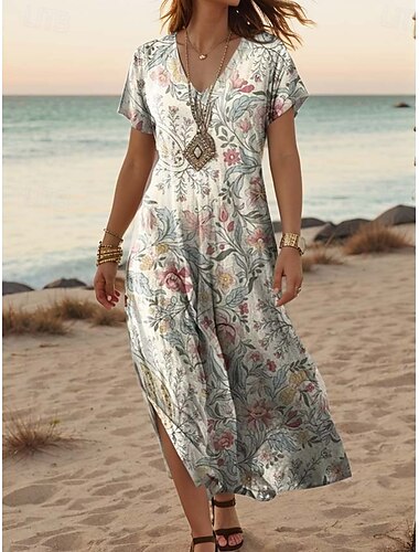 Dames Maxi-jurk Casual jurk A lijn jurk Stijlvol Casual Vakantie Dagelijks Normale pasvorm Bloemig Wijnoogst Korte mouw V-hals Lichtgroen blauw Paars Donkerblauw Zomer Lente