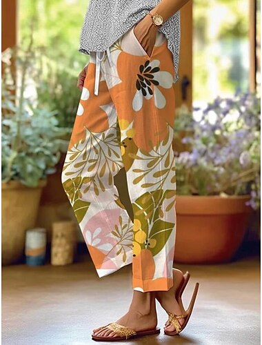  Womens Baumwoll-Leinen-Hosen Baggy-Hosen Leinenähnliche Mode Streetwear Voll Länge Hohe Taille Blumengrafikdruck Thermisch Warm Atmungsaktiv Weich Mikro-elastisch Outdoor Alltag