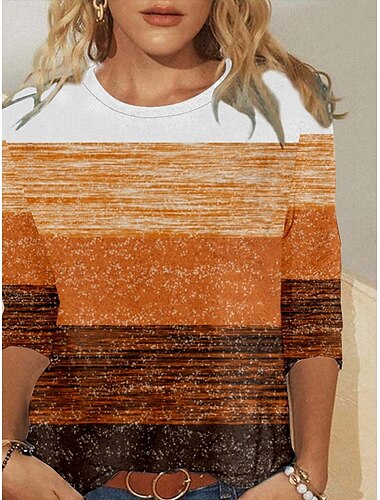  Women's T Shirt Geometric Striped Elegant Vintage Fashion Long Sleeve Crew Neck Regular Tops Daily Going out Weekend Print Orange Summer Spring