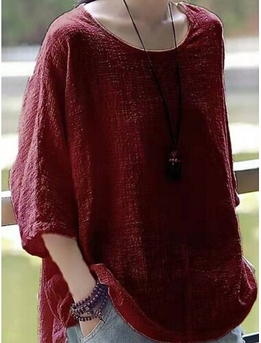  Dame Skjorte Bluse Helfarge Stilfull Fritid 3/4 ermer Crew-hals Vanlige topper Daglig Svart Hvit Vin Kakifarget Sommer Vår