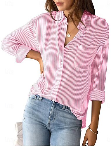  Damen Hemd Bluse Gestreift Stilvoll Brautkleider schlicht Langarm Hemdkragen Normale Oberteile Täglich Knopf Tasche Rosa Blau Grün Khaki Sommer Frühling