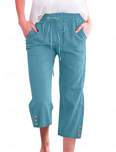  Per donna Pantaloncini in cotone e lino Pantaloni ispirati al lino Pantaloni in cotone e lino Moda Streetwear Essenziale Lunghezza al polpaccio Vita media Semplice Tasca Fascia Elastica Comodit
