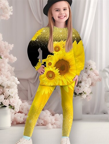  Ostern Mädchen 3D Blumen Graphic Bühnenlicht vielfarbig Sport-Outfit Trainingsanzüge Set aus Sweatshirt und Leggings Langarm Frühling Herbst Täglich Brautkleider schlicht Stumpfhosen kinderkleidung