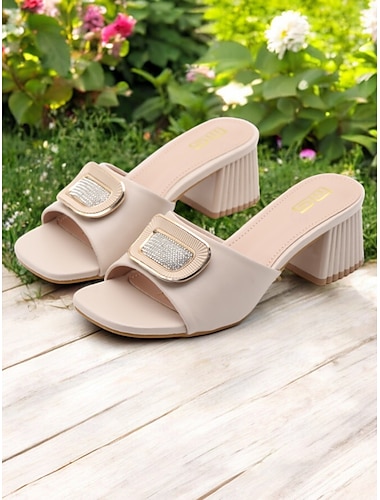  Sandalias negras tipo mules con tacón de bloque y hebilla de diamantes de imitación para mujer: sandalias sin cordones con punta abierta para un look elegante de verano y de noche