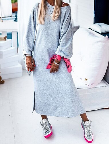  Mujer vestido largo vestido largo Vestido sudadera Vestido informal Elegante Casual Vacaciones Diario Cita Ajuste regular Plano Manga Larga Cuello Barco Gris Verano
