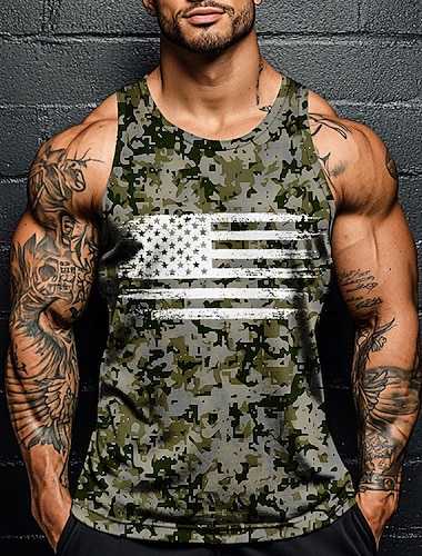  T-shirt sans manches en camouflage pour hommes Patriote Patriotic Veteran du Jour des Anciens Combattants T-shirt à imprimé 3D Col rond Vêtements de vacances décontractés hawaïens Rouge Marine Bleu