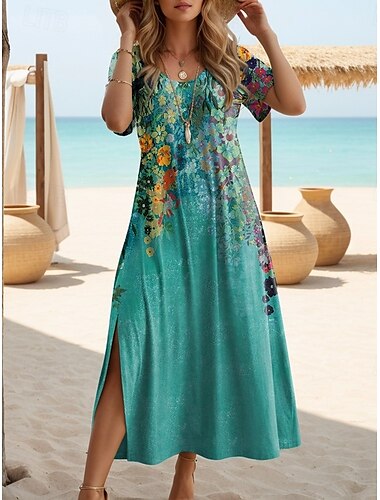  Damen Maxi Kleid T-Shirt Kleid Tee Kleid Sommerkleid Shift Kleid Elegant Urlaub Vintage Urlaubsfeier Feiertag Regulär Fit Floral Vintage Kurzarm Rundhalsausschnitt Pfauenblau
