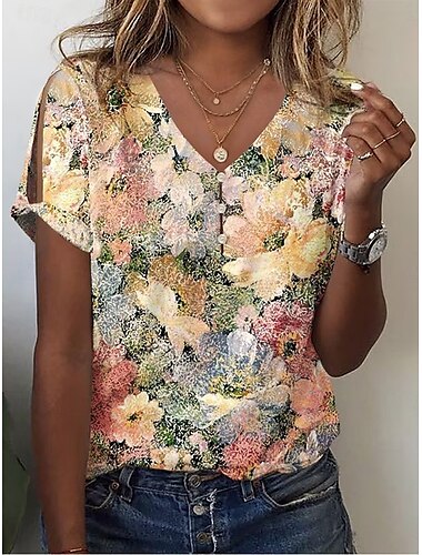  Vrouwen blouse bloemen grafisch casual korte mouw V-hals reguliere tops dagelijks knopen print geel zomer