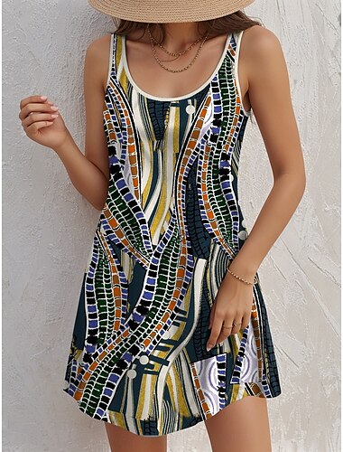  Damen Minikleid A Linie Kleid Tank-Top Kleid Vintage Stilvoll Brautkleider schlicht Täglich Regular Fit Graphic Geometrisch Ärmellos U-Ausschnitt Blau Sommer Frühling