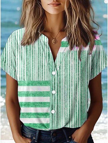  Women's Blouse V Neck Button Down Blouse Floral Elegant Vintage Daily Short Sleeve Shirt Collar Regular Tops Daily Linen Like Buttons Print Yellow Pink Dusty Blue Purple Green Summer