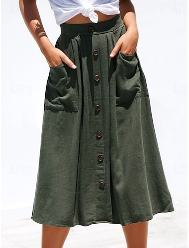  Femme Jupe Trapèze Mode Décontractées Midi Taille haute Jupes Plein Micro-élastique Plein Air du quotidien Noir Jaune Rose Claire bleu marine Eté Polyester