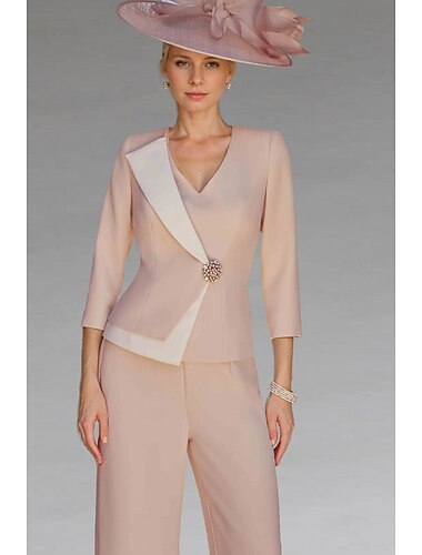  Rosa To-delt Bukse dresser Mor til Bruden Elegant Vintage V-hals Gulvlengde Stretch Stoffer 3/4 Lengde Erme med Perler Fargeblokk Derby Løpsdag Kjole