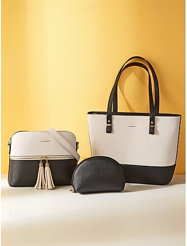  elegantes, stilvolles zweifarbiges Patchwork-Handtaschen-Set für Damen mit Quastenverzierung - Handtasche, Umhängetasche und kleine Tasche - perfekt für die tägliche Freizeit und den Weg zur Arbeit
