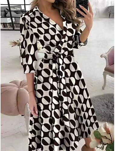  Damen Midikleid Corsagenkleider Sommerkleid Figurbetontes Kleid Urlaub Urlaub Täglich Regular Fit Blumen Halbe Ärmel Hemdkragen Schwarz und Weiß Schwarz Weiß Grün Sommer
