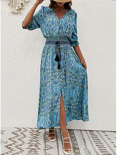  Mujer Vestido maxi Vestido informal Vestido bohemio de manga larga Vestido bohemio Bohemia Elegante Básico Vacaciones Casual Diario Ajuste regular Graphic Manga 3/4 Escote en Pico Granate Azul Piscina