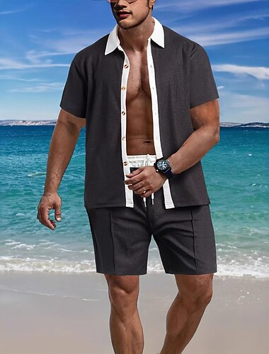  Hombre Camisa de gofres 2 Piezas Conjunto de camisa conjunto de verano Conjuntos a juego Camisa casual Plano Vacaciones Diario Negro Blanco Rojo Verde Trébol Manga Corta Cuello Verano Ropa