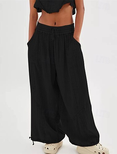  Damenhose aus Baumwollleinen, modische Streetwear, bequem, volle Länge, hohe Taille, schlichter Kordelzug, elastischer Bund, Beinkordelzug, bequem, für draußen, bequeme Straße, Alltagskleidung