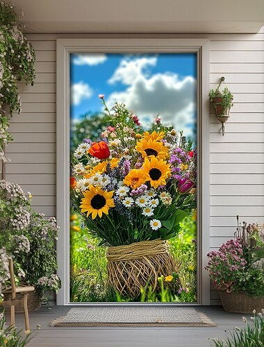  Decoraciones de Puerta Paisaje Cubiertas de Puerta Ramo de Flores Tapiz de Puerta Cortina Decoración Banner Decoración de Puerta Interior/Exterior para la Puerta Principal de Casa de Campo