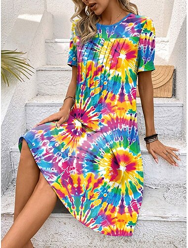  Vrouwen Mini-Jurkje Casual Jurk Petite Jurk Zomerjurk Zomerjurk Casual Vakantie Dagelijks Vakantie Regular Fit Tie Dye Korte Mouw Crew Neck Blauw Zomer