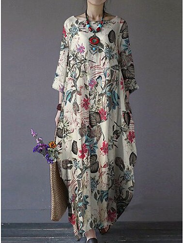  Damen Maxikleid Baumwoll-Leinen-Kleider Freizeitkleid Basic Lässig Urlaub Täglich Normale Passform Blumen Langarm Rundhalsausschnitt Magenta Marineblau Orange Sommer