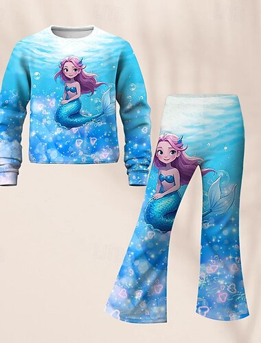  Chica 3D Graphic Sirena Traje Deportivo Chándales Conjunto de sudadera y pantalón de campana Manga Larga Primavera Otoño Diario Casual Niños 4-12 años Cuello Barco Exterior Vacaciones Deportes A