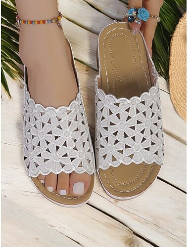  weiße Slipper-Sandalen aus floraler Spitze für Damen – bequeme flache Sandalen mit gewelltem Rand für Sommer, Strand und Freizeit