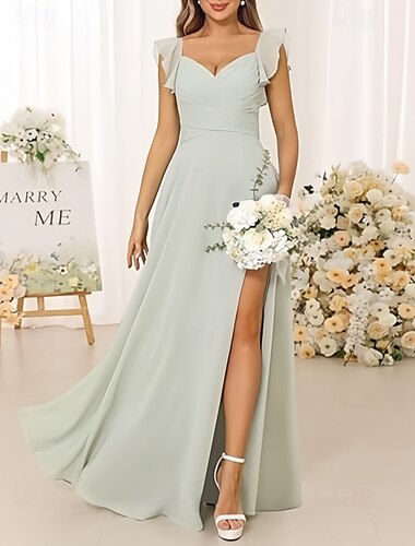  A-Linie Brautjungfernkleid Träger Kurzarm Elegant Bodenlang Chiffon mit Rüschen / Geteilter Vorderteil / Raffung 2022