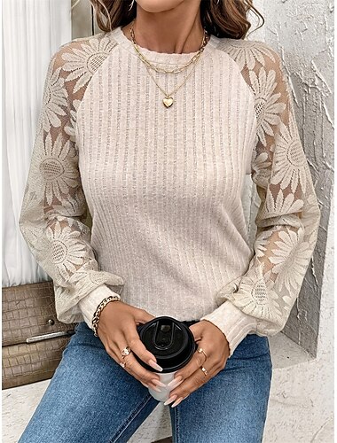  Dam Blus Ensfärgat Elegant Dagligen Stylish Långärmad Rund hals Vanliga toppar Arbete Dagligen Helgdag Spets Ihålig Beige Vår Höst