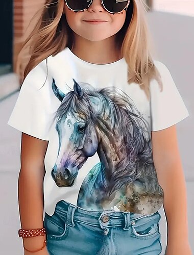  Mädchen 3D Graphic Pferd T-Shirt Kurzarm Sommer Frühling Modisch Basic kinderkleidung 4-12 Jahre Rundhalsausschnitt Outdoor Casual Täglich Regular Fit