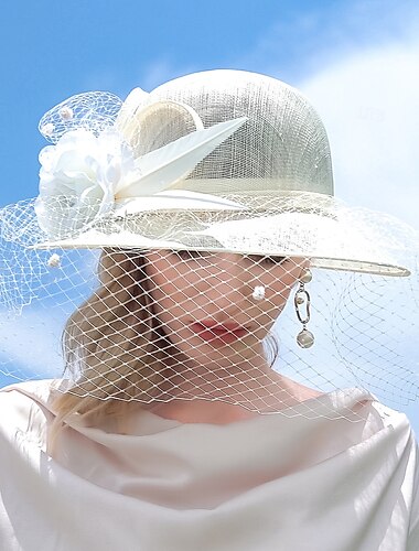  sombreros de lino, sombrero bombín / sombrero cloche, sombrero de pescador, sombrero para el sol, boda, fiesta de té, boda elegante con empalme de plumas, tocado, tocado
