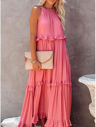  Damen Maxi Kleid T-Shirt Kleid Tee Kleid Sommerkleid Off-the-Shoulder Kleid Einfarbig Lässig Urlaub Lässig Alltag Reguläre Passform Grafik Ärmellos Halterkragen Gelb Rosa Marineblau Grün Sommer