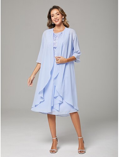  Twee Delige A-Lijn Moeder van de Bruid Jurk Bruiloft Gast Elegante Scoop Hals Korte Lengte Chiffon Kant Mouwloos Jas Jurken met Plooien Applicaties