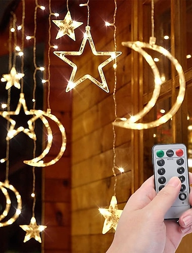  Luz de festival de Ramadán con control remoto, cortina de luz de luna con estrellas de 3,5 m y 120 ledes, 8 modos, para bodas, fiestas de cumpleaños, exteriores, carpa impermeable, dormitorio, sala de